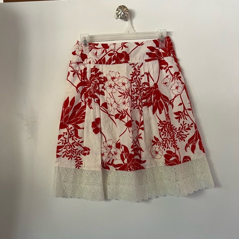 ANN TAYLOR ORANGE & IVORY FLORAL COTTON SKIRT LACE TRIM A- LINE